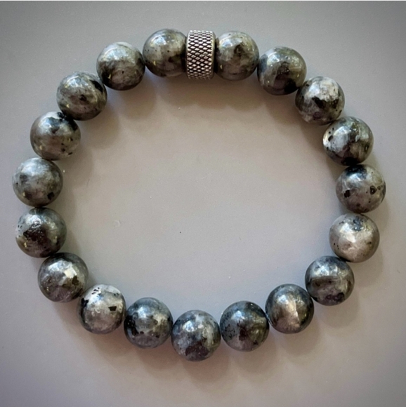Black Larvikite Labradorite Beaded Bracelet with Stainless Steel Accent NEW - Picture 5 of 5